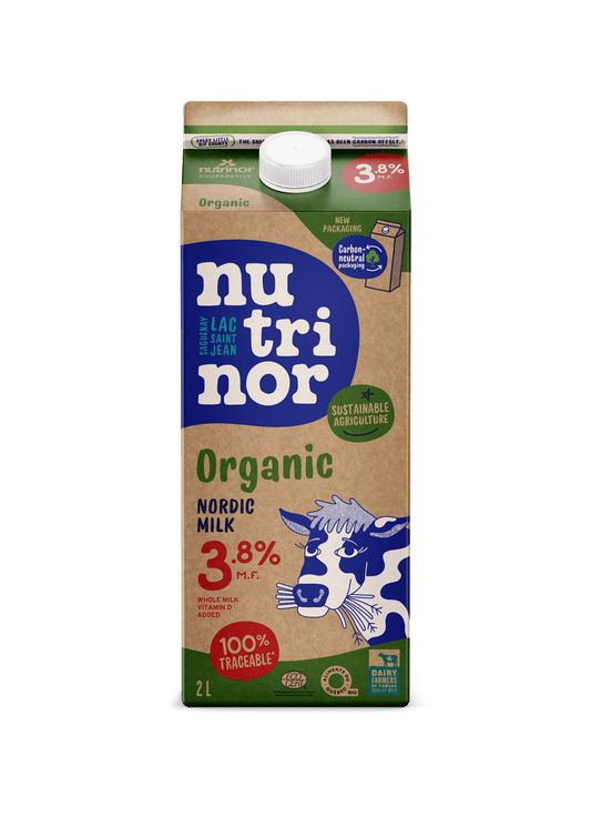Alt text 1 (3.8% Milk):
A 2L carton of Nutrinor organic milk 3.8%, featuring rich, full-fat milk in branded packaging.