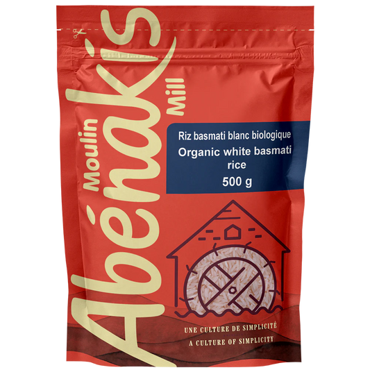 A bag of ABÉNAKIS organic white basmati rice, featuring long-grain aromatic rice in resealable packaging.