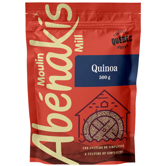 A bag of ABÉNAKIS Quebec quinoa (500g), featuring whole quinoa grains in resealable.