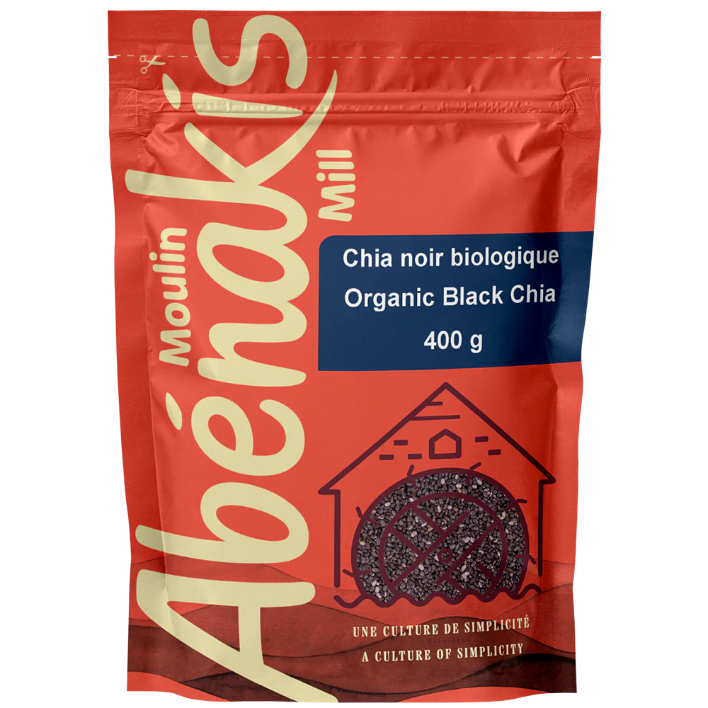 A bag of ABÉNAKIS organic black chia seeds, featuring small nutrient-rich seeds in resealable.