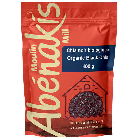 A bag of ABÉNAKIS organic black chia seeds, featuring small nutrient-rich seeds in resealable.