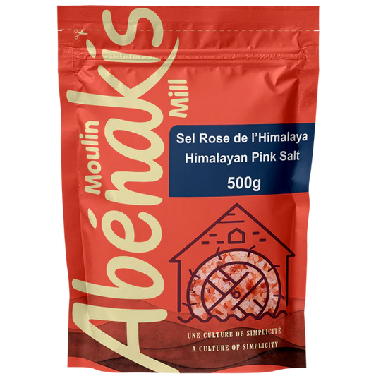 A package of ABÉNAKIS Pink Himalayan sea salt (500g), featuring coarse pink salt crystals in a resealable bag.
