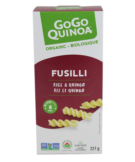 A package of GOGO Quinoa gluten-free rice and quinoa fusilli pasta, showcasing spiral-shaped pasta made from rice and quinoa blend.