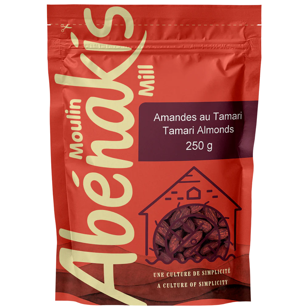 Red package of Moulin Abénakis Tamari Almonds on a white background