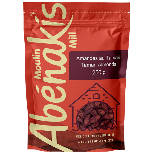 Red package of Moulin Abénakis Tamari Almonds on a white background