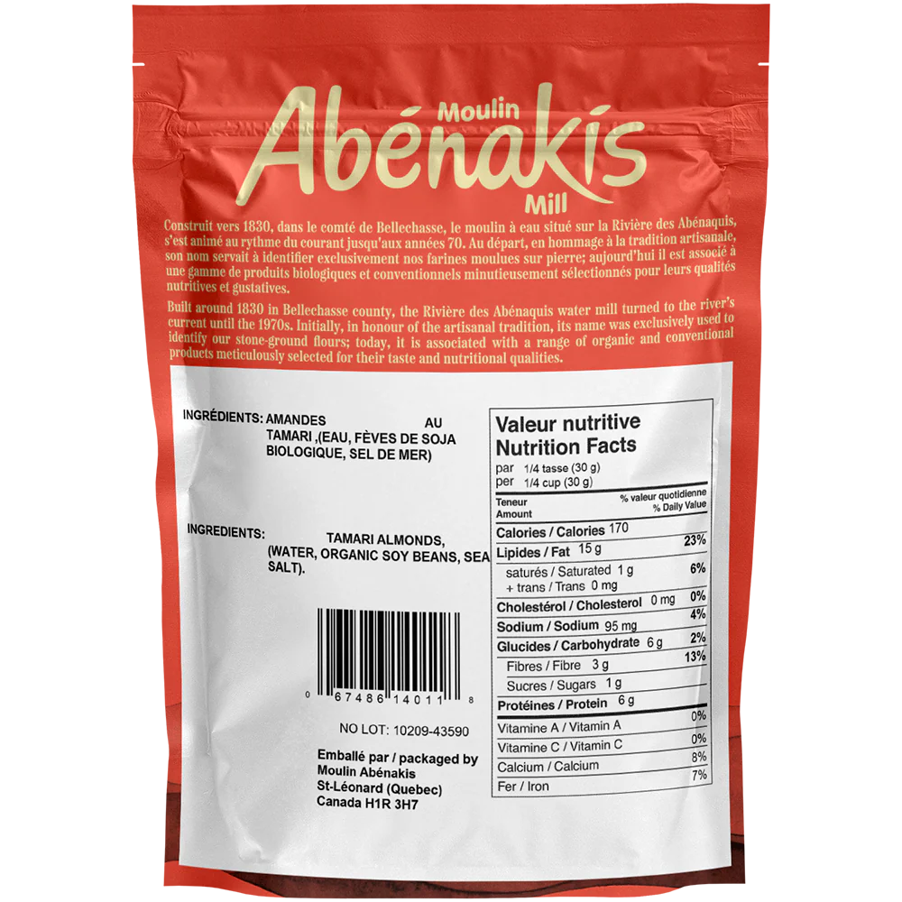 Moulin Abenakis product packaging for Tamari Almonds with nutritional information on a white background