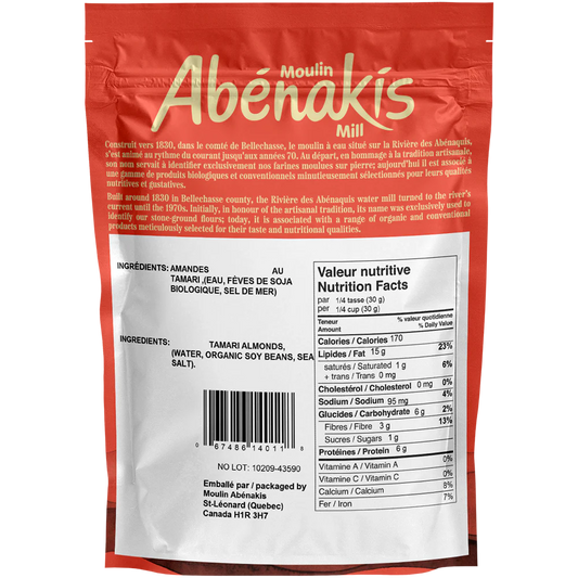Moulin Abenakis product packaging for Tamari Almonds with nutritional information on a white background