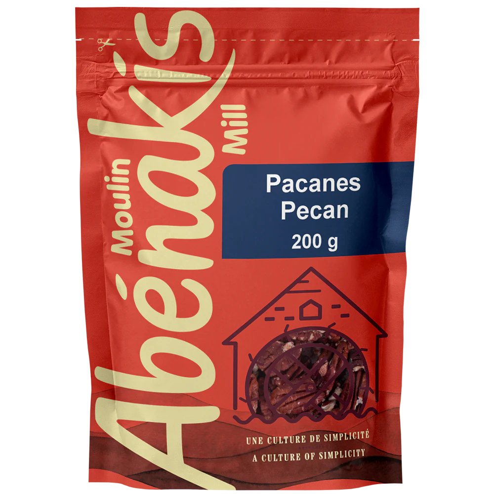 Red package of Abénakis Mill Pecans on a white background