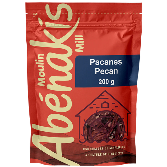 Red package of Abénakis Mill Pecans on a white background