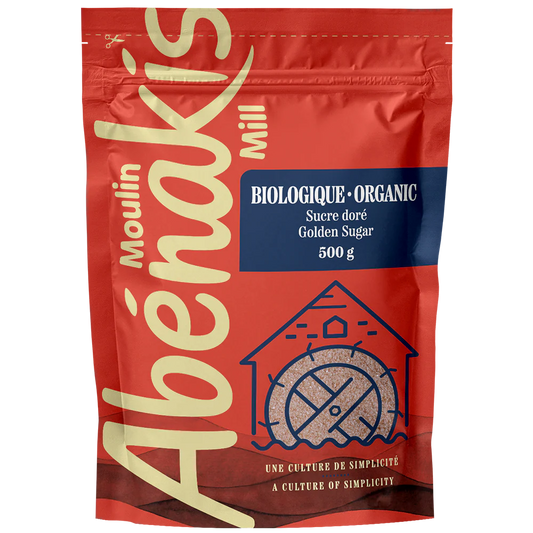 Red package of Moulin Abénakis organic golden sugar on a white background