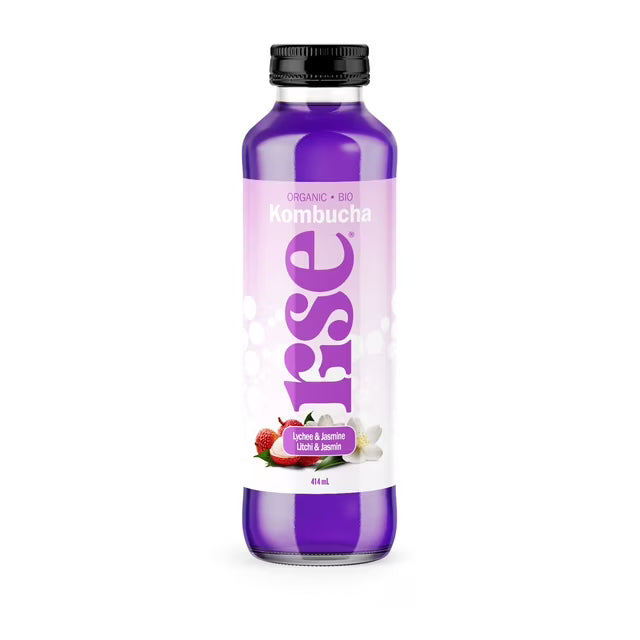 A bottle of RISE Kombucha Lychee & Jasmine (414 ml), featuring a lightly sparkling fermented tea with floral jasmine and fruity lychee notes.