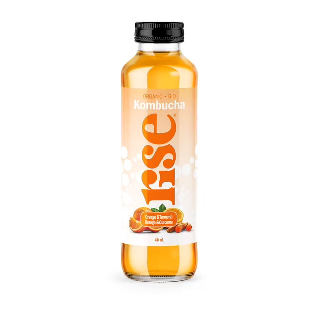 A bottle of RISE Kombucha Orange & Curcuma (414 ml), showcasing a bright citrus kombucha with earthy turmeric (curcuma) flavor.