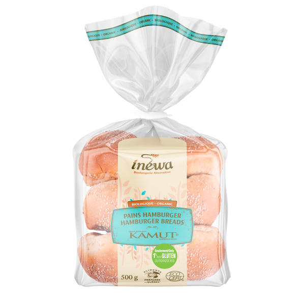 A package of IneWa organic Kamut hamburger buns, featuring soft, low-gluten buns suitable for burgers in branded packaging.
