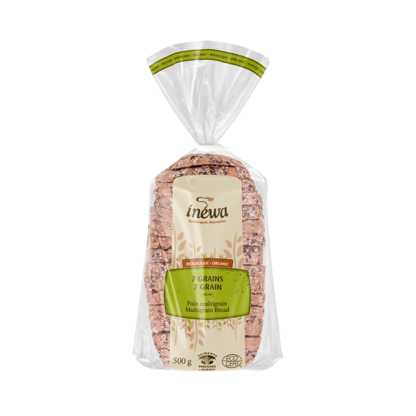 A loaf of IneWa organic multigrain 7 grains bread, highlighting a hearty bread with mixed grains and seeds in branded packaging.