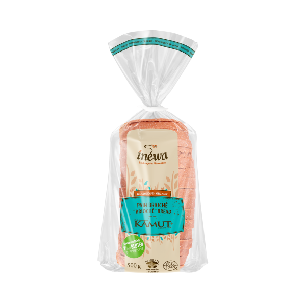 A loaf of IneWa organic Kamut brioche bread, featuring a soft, enriched low-gluten bread with a golden crust in branded packaging.