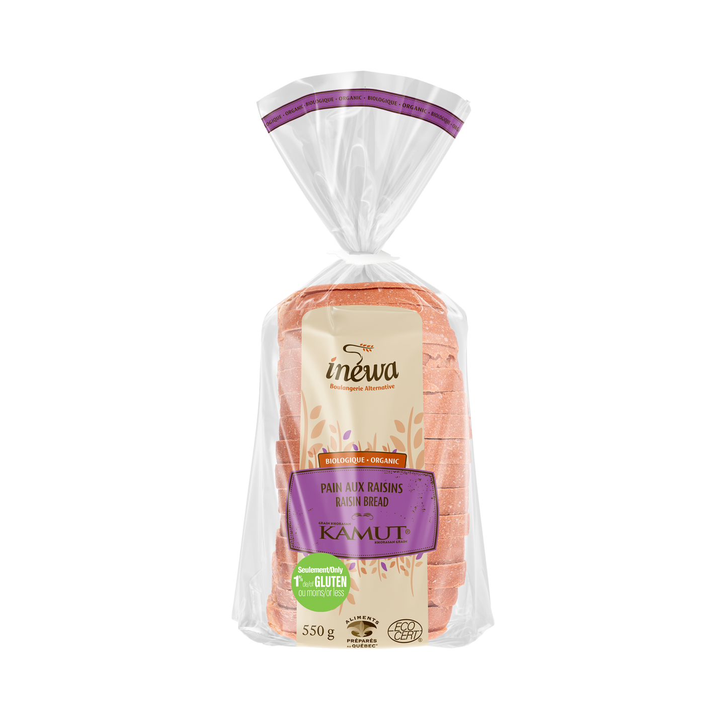 A loaf of IneWa organic Kamut raisin bread, showcasing a soft, low-gluten bread with visible raisins in branded packaging.