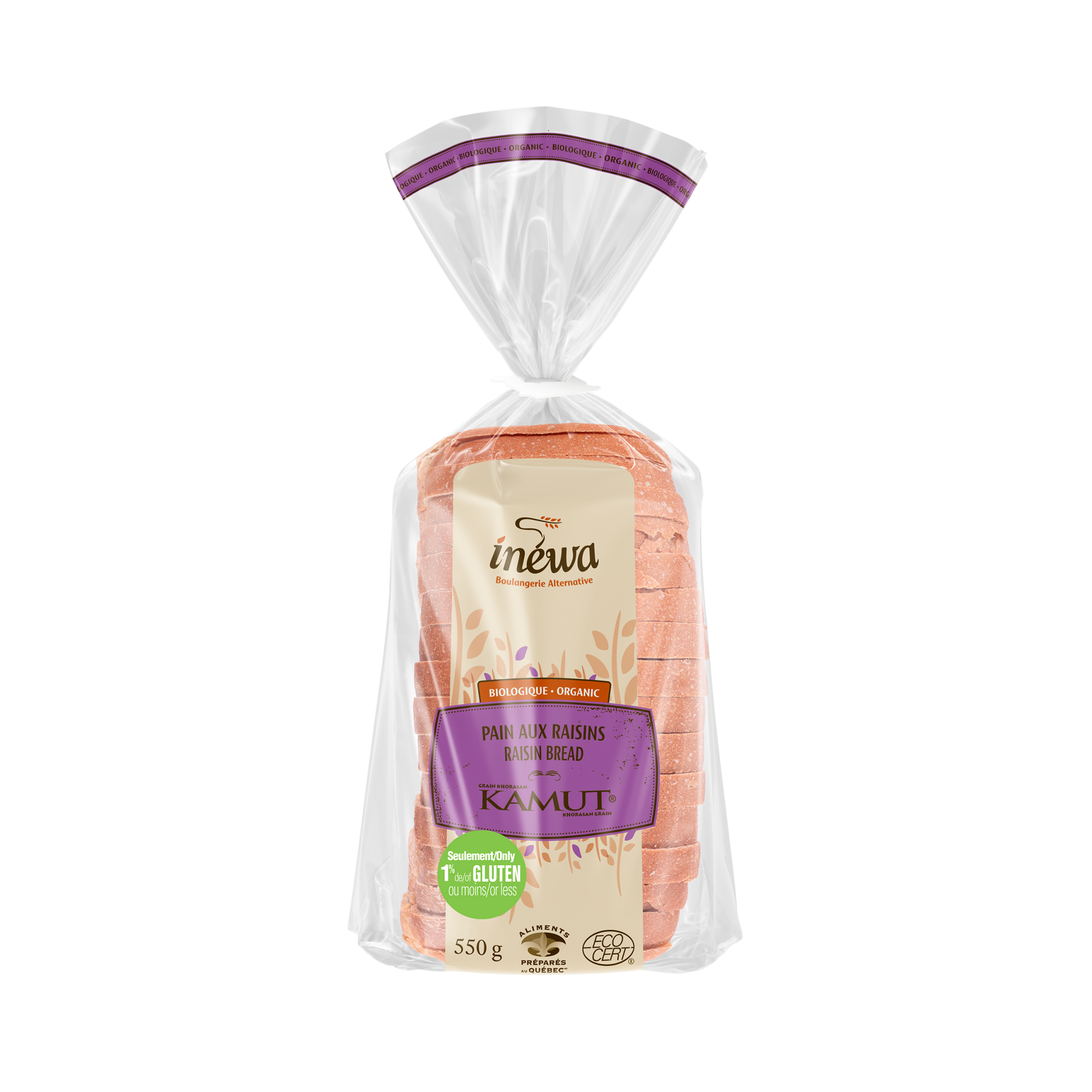 A loaf of IneWa organic Kamut raisin bread, showcasing a soft, low-gluten bread with visible raisins in branded packaging.