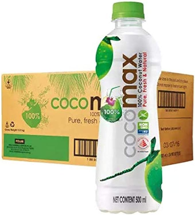 A 500 ml bottle of Coco Max 100% coconut water with a green cap, shown in front of a branded cardboard box