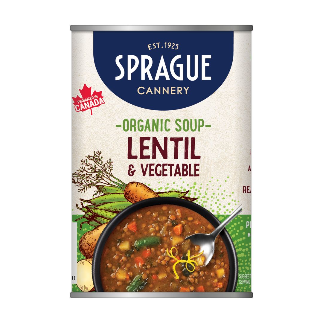 Sprague organic lentil and vegetable soup, featuring a hearty blend of lentils and vegetables in a rich broth.