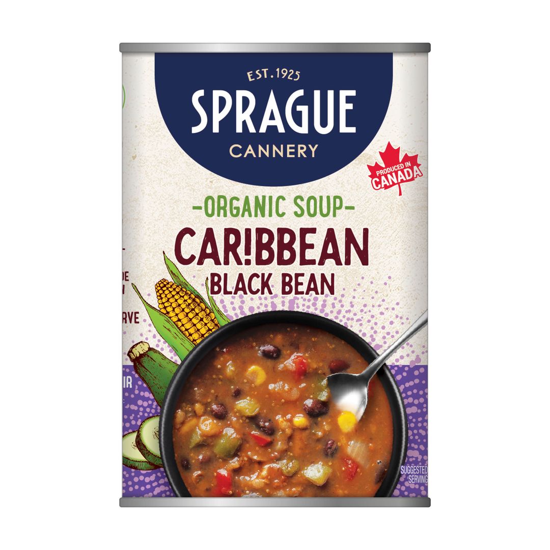 Sprague organic Caribbean black bean soup, showcasing a flavourful, spiced black bean recipe with a bold profile.