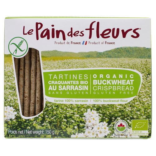 A packages of Le Pain des Fleurs gluten-free buckwheat crispbreads, featuring thin, crunchy crispbread made from buckwheat in branded packaging.