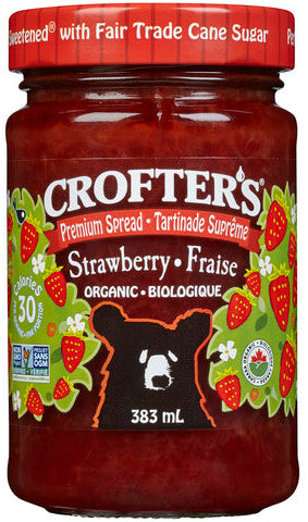 A jar of Crofter’s Just Fruit organic strawberry spread, featuring a smooth fruit spread made with organic strawberries