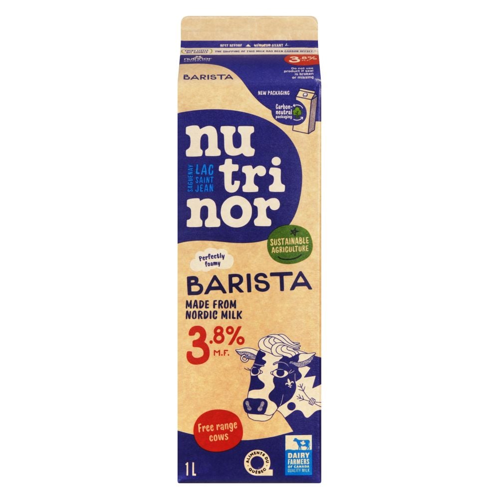 A 1L carton of Nutrinor Nordic Barista Milk 3.8%, designed for coffee with a rich, creamy texture ideal for frothing and lattes.