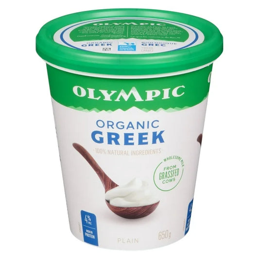 A container of Olympic organic Greek yogurt plain, featuring a thick, creamy texture in branded packaging.