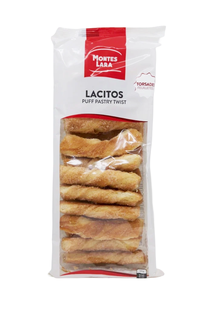 A package of Montes Lara Lacitos puff pastry twist cookies, featuring golden, flaky twisted biscuits in branded packaging.