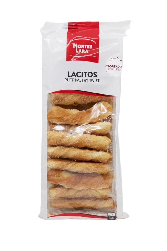 A package of Montes Lara Lacitos puff pastry twist cookies, featuring golden, flaky twisted biscuits in branded packaging.