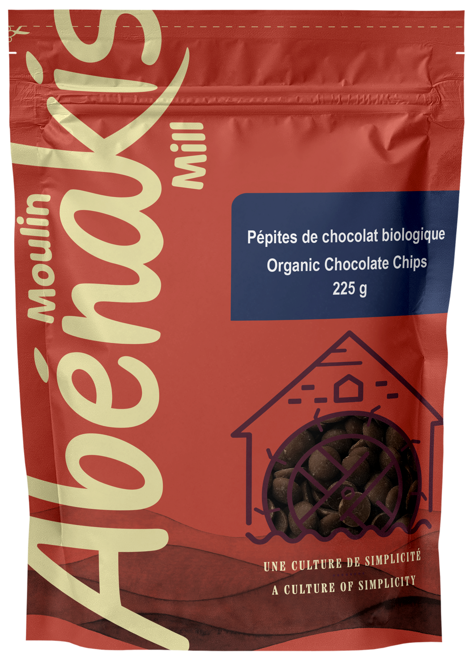 Orange bag of oulin Abénakis Organic Chocolate chips on a clear background