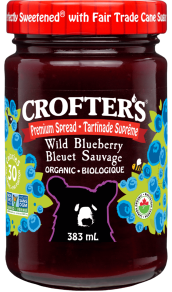 A jar of Crofter’s Just Fruit organic wild blueberry spread, showcasing a rich fruit spread made with organic wild blueberries
