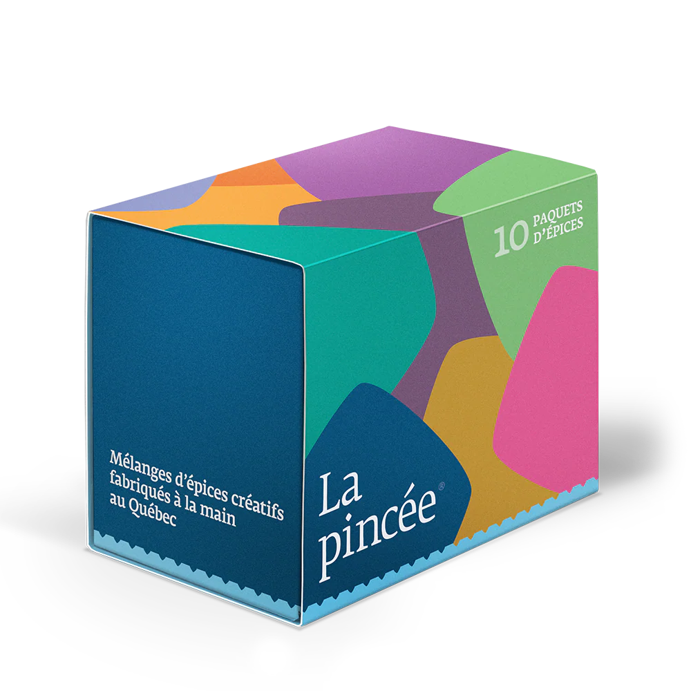 Colorful box of 10 spice packets with 'La pincée' branding on a white background