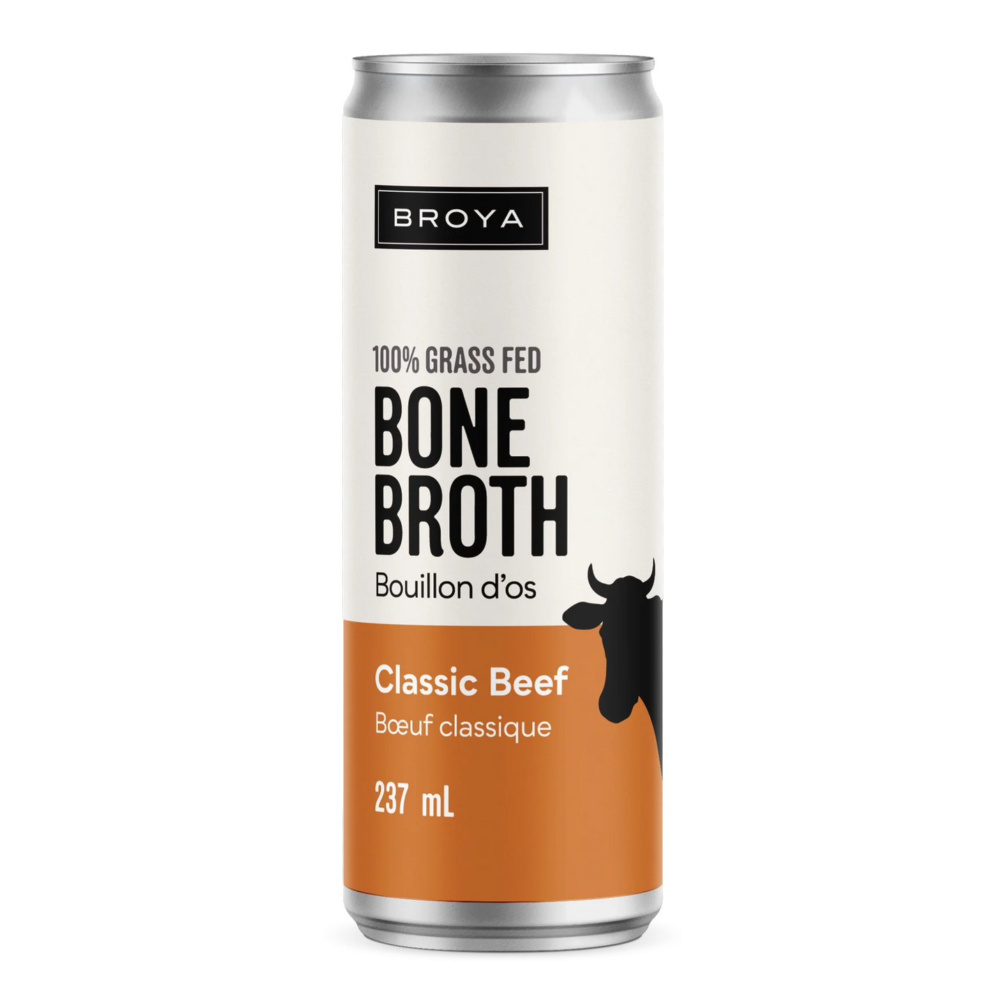 A can of Broya 100% grass-fed beef bone broth (237 ml) labeled “Classic Beef,” with a clean white and orange design