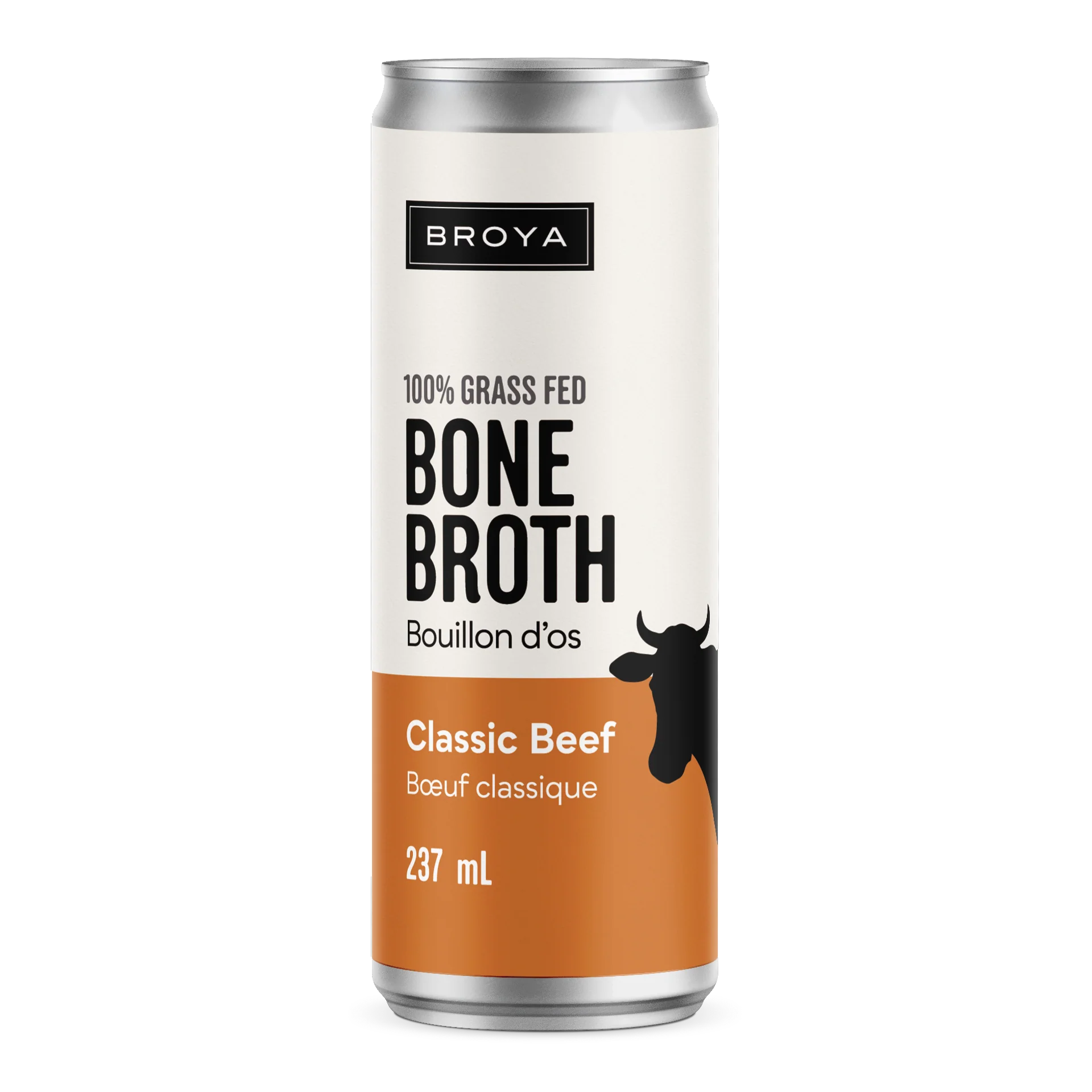 A can of Broya 100% grass-fed beef bone broth (237 ml) labeled “Classic Beef,” with a clean white and orange design