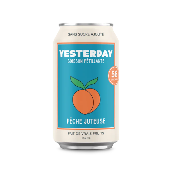 A can of Yesterday sparkling drink Juicy Peach, showcasing a fruity, lightly sparkling peach beverage.