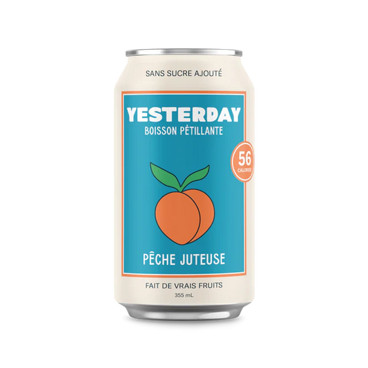A can of Yesterday sparkling drink Juicy Peach, showcasing a fruity, lightly sparkling peach beverage.