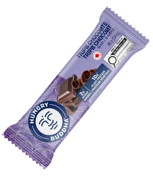 Hungry Buddha Triple Chocolate protein bar in a purple packaging on a clear background