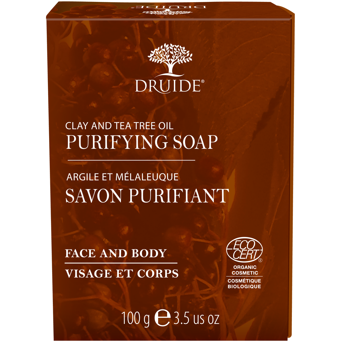 A brick coloured box of Druide brand Purifyiing soap with clay and tea tree oil