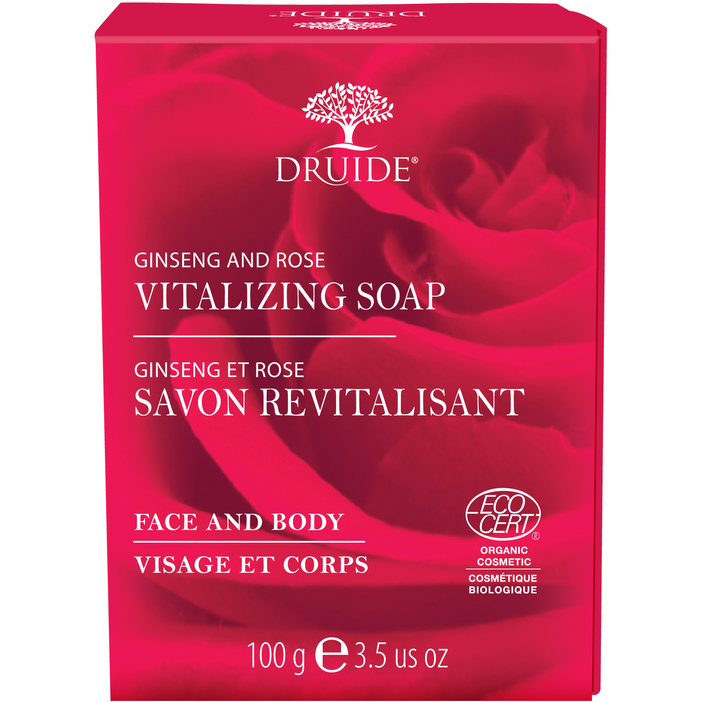 A bright pink box of Druide brand vitalizing soap with ginseng and rose