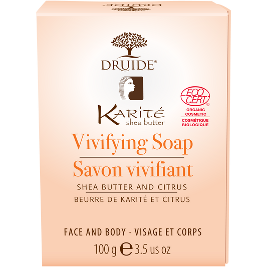 A pale apricot coloured box of Druide brand soap with shea butter Vivifying soap