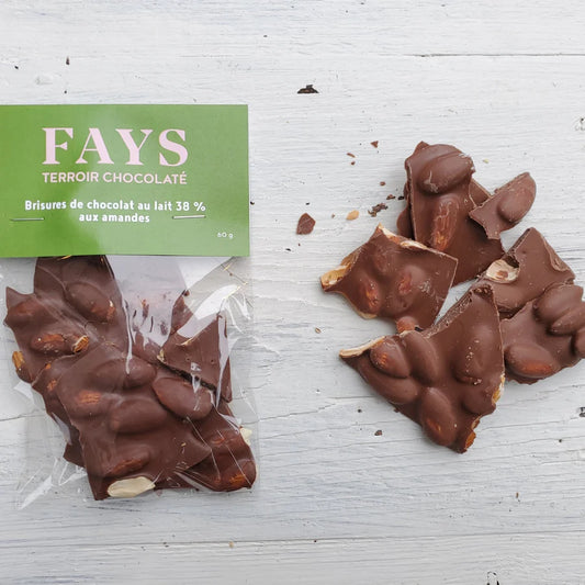 Fays milk chocolate almond bark on a white background