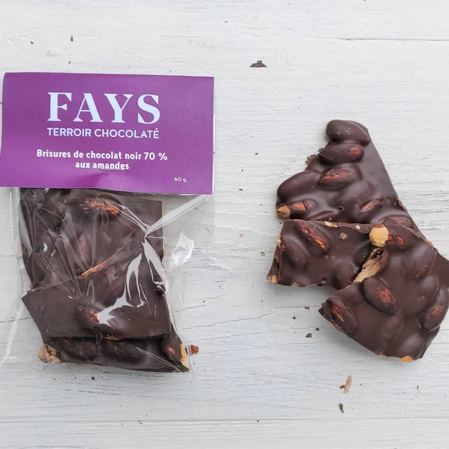 Fays dark chocolate almond bark with packaging on a white surface