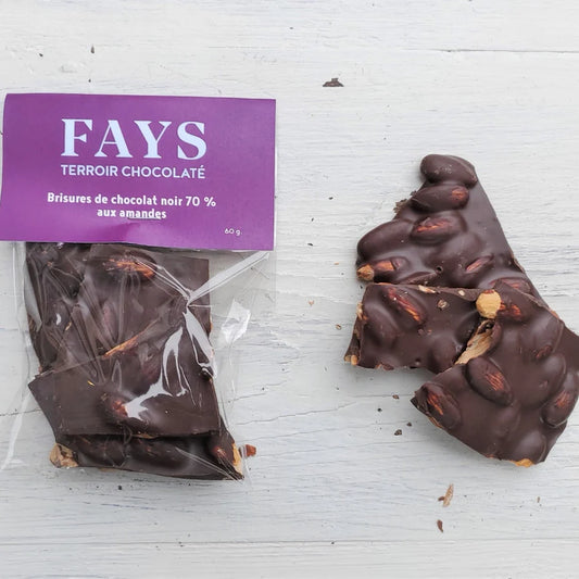 Fays dark chocolate almond bark with packaging on a white surface
