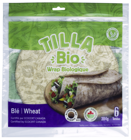 A package of Tilla whole wheat tortillas, featuring soft, flexible flatbreads made from whole wheat in branded packaging.