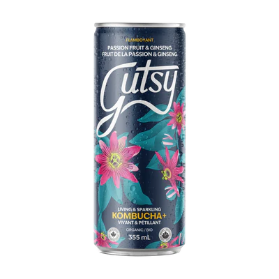 A can or bottle of GUTSY kombucha passionfruit, featuring a lightly sparkling fermented tea with tropical fruit flavor in branded packaging.