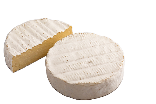 A wheel of Laiterie de Charlevoix Le Fleurmier cheese, featuring a soft, creamy interior with a delicate rind in branded packaging.