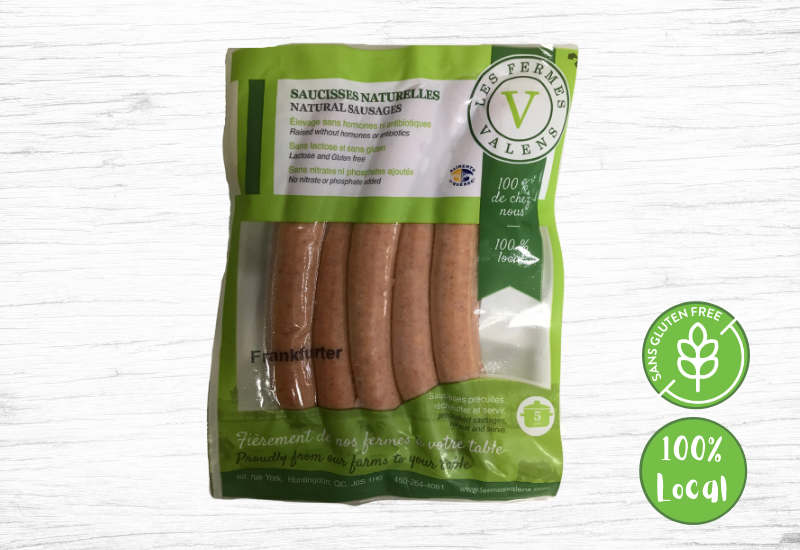 A package of Les Fermes Valens gluten-free natural frankfurter sausages, featuring classic-style sausages in branded packaging.