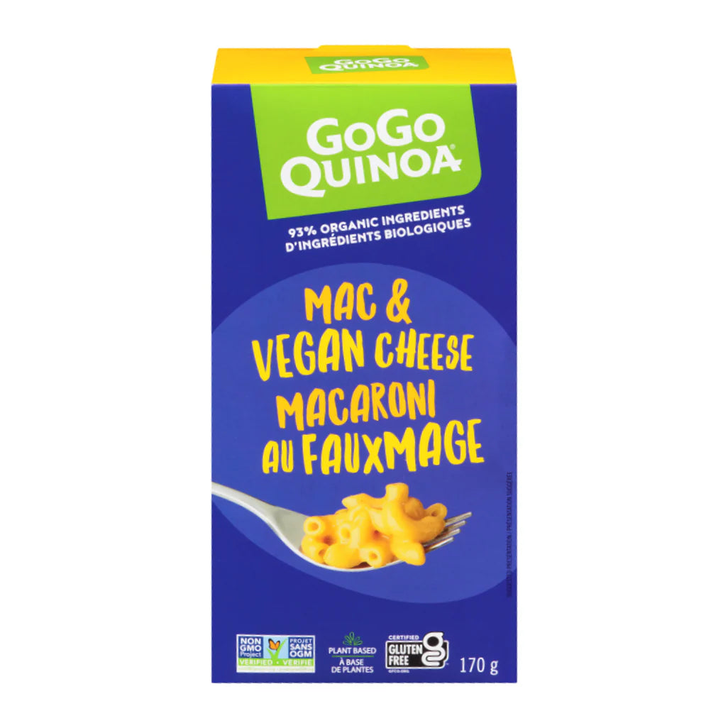 A box of GOGO Quinoa gluten-free vegan mac and cheese, featuring rice and quinoa pasta with a dairy-free cheese-style sauce mix.