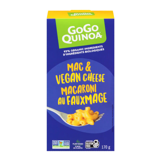 A box of GOGO Quinoa gluten-free vegan mac and cheese, featuring rice and quinoa pasta with a dairy-free cheese-style sauce mix.